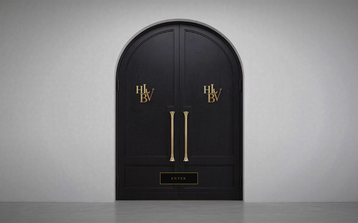 House of HLBV homepage, a black arched door with gold lettering.