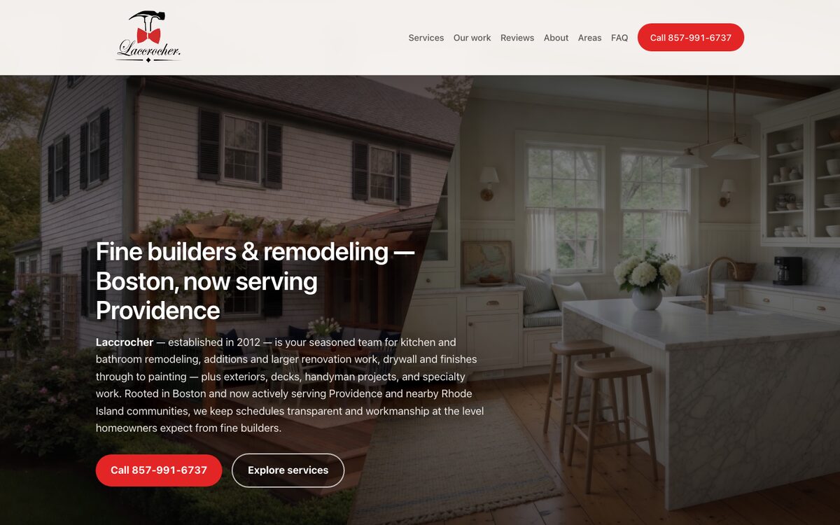 Laccrocher remodeling homepage, with a house, a kitchen, and a call button.