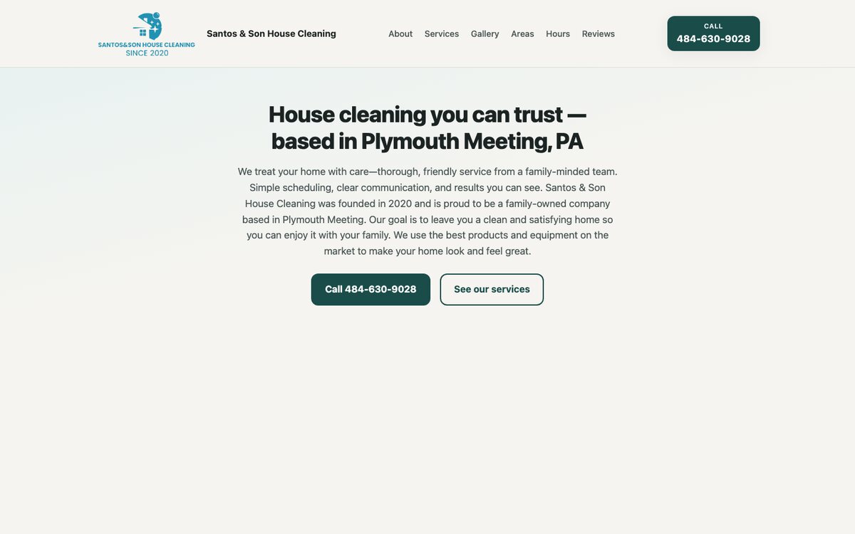 Santos and Son House Cleaning homepage, with the phone number and a call button.