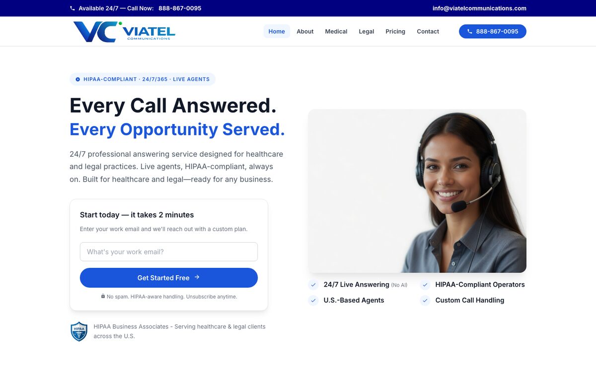 Viatel Communications homepage, with an answering-service offer and a way to start.